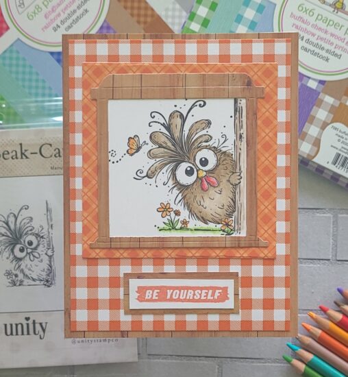 Pumpkin orange gingham encouragement card with Just Beak-Cause chicken stamp