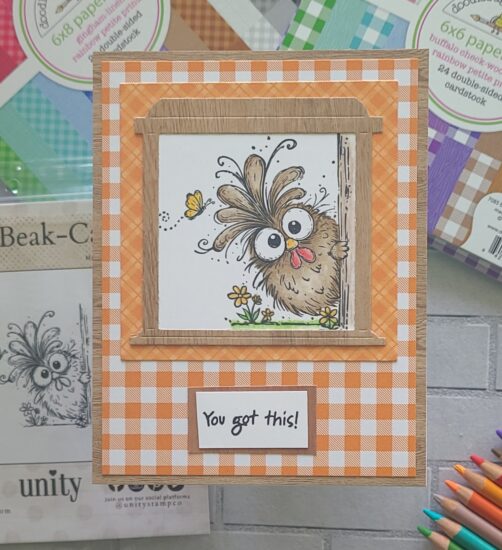 Light orange gingham encouragement card with Just Beak-Cause chicken stamp