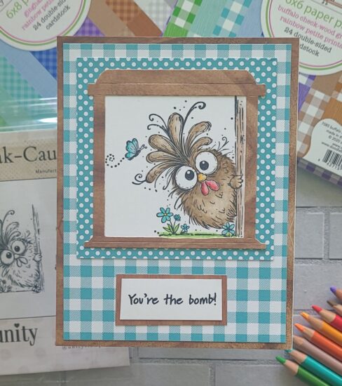 Aqua gingham encouragement card with Just Beak-Cause chicken stamp