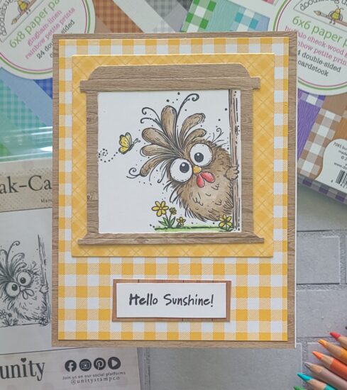 Yellow gingham encouragement card with Just Beak-Cause chicken stamp