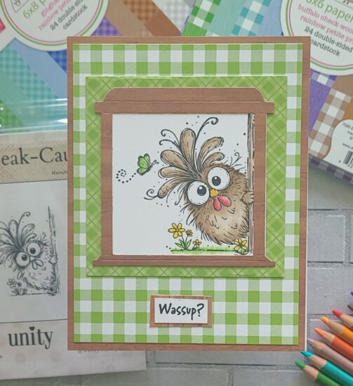 Green gingham encouragement card with Just Beak-Cause chicken stamp